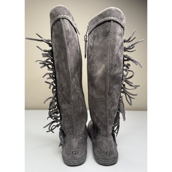 UGG Mammoth Moccasin Knee High Boot Womens 8 Grey Suede Side Zip Fringe - Picture 2 of 11